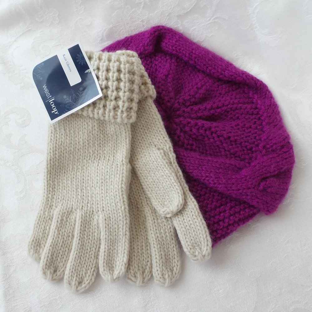 New West Loop Cream Knit Gloves + Hand Knit Purple Magenta Winter Cap Set